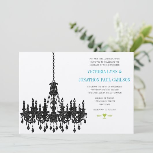 Aqua Chandelier Wedding Invitations Roaring 20 Kaart (Staand voorkant)