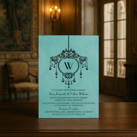 Aqua  Chandelier Wedding Invite Kaart