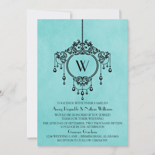 Aqua  Chandelier Wedding Invite Kaart (Voorkant)