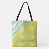 Aqua Chartreuse Trendy Stippen Girly Name Monogram Tote Bag (Voorkant)