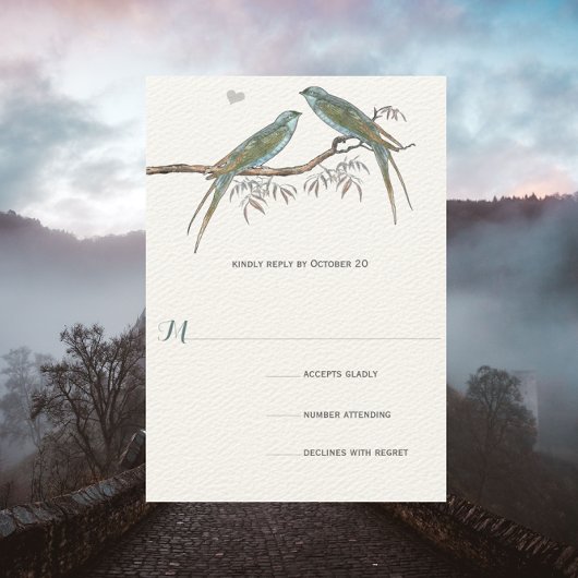 Aqua Cherry Blossom  Bird Weddings RSVP Kaartje