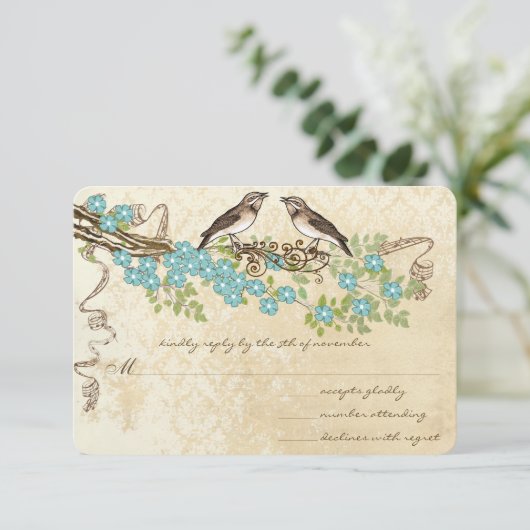 Aqua Cherry Blossom  Bird Weddings RSVP Kaartje (Staand voorkant)