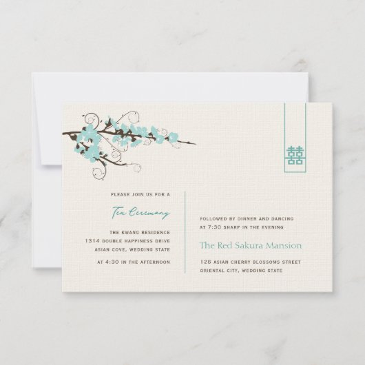 Aqua Cherry Blossom Chic Asian Wedding Reception Kaart (Voorkant)