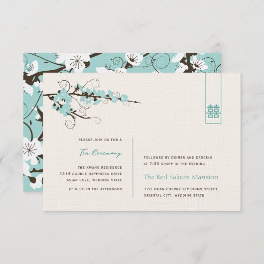 Aqua Cherry Blossom Chic Asian Wedding Reception Kaart (Voorkant / Achterkant)
