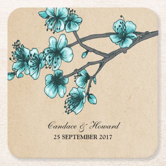 Aqua  Cherry Blossom Paper Onderzetters (Voorkant)