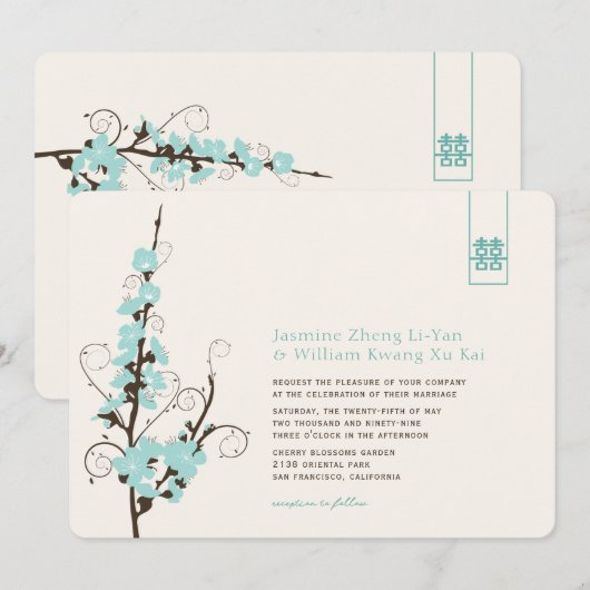 Aqua Cherry Blossom Sakura Swirls Asian Wedding Kaart (Voorkant / Achterkant)