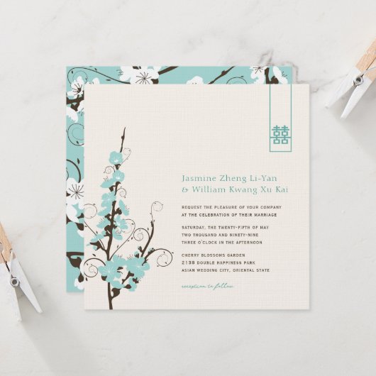 Aqua Cherry Blossom Sakura Swirls Asian Wedding Kaart (Voorkant / Achterkant in situ)