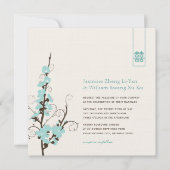 Aqua Cherry Blossom Sakura Swirls Asian Wedding Kaart (Voorkant)