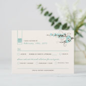 Aqua Cherry Blossom Sakura Swirls Asian Wedding RSVP Kaartje (Staand voorkant)