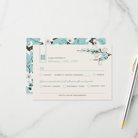 Aqua Cherry Blossom Sakura Swirls Asian Wedding RSVP Kaartje (Voorkant / Achterkant in situ)