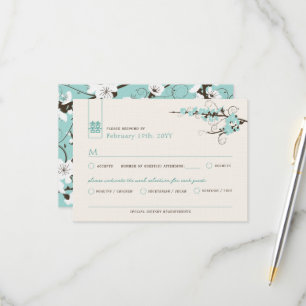 Aqua Cherry Blossom Sakura Swirls Asian Wedding RSVP Kaartje