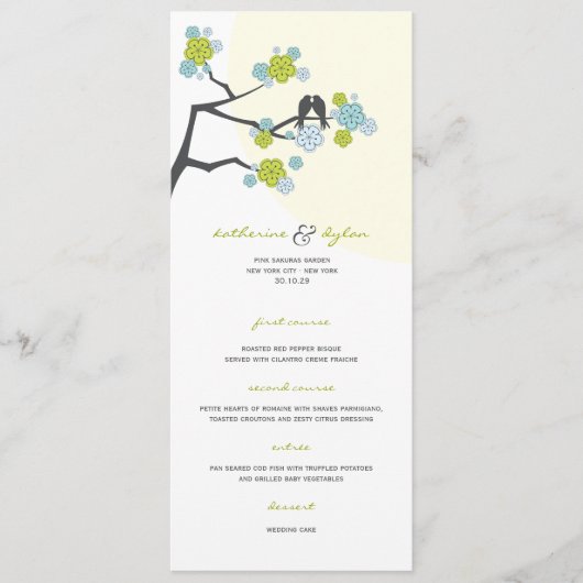 Aqua Cherry Blossom Sakura Tortelduifjes Wedding Menu (Voorkant)