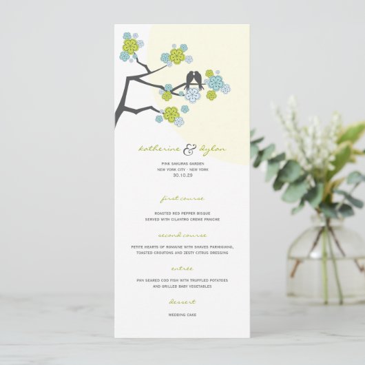 Aqua Cherry Blossom Sakura Tortelduifjes Wedding Menu (Staand voorkant)