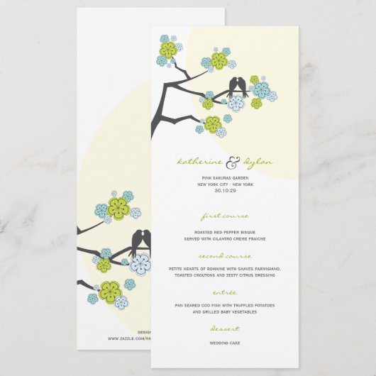 Aqua Cherry Blossom Sakura Tortelduifjes Wedding Menu (Voorkant / Achterkant)