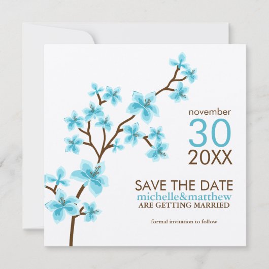 Aqua Cherry Blossom Save the Date (Voorkant)