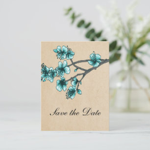 Aqua  Cherry Blossom Save the Date Aankondigingskaart