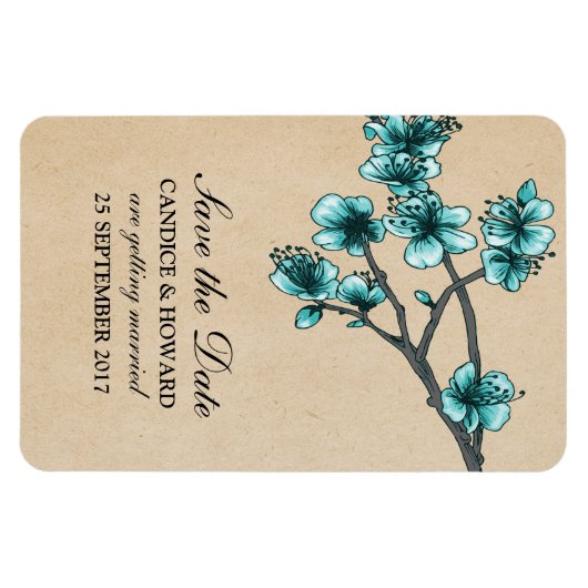 Aqua Cherry Blossom Save the Date Magneet (Horizontaal)