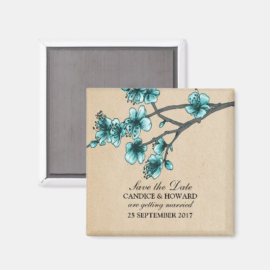 Aqua  Cherry Blossom Save the Date Magnet (Voorkant / Achterkant)