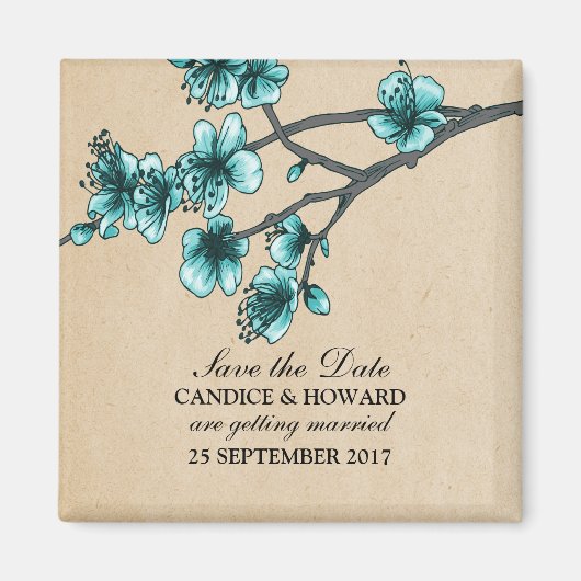 Aqua  Cherry Blossom Save the Date Magnet (Voorkant)