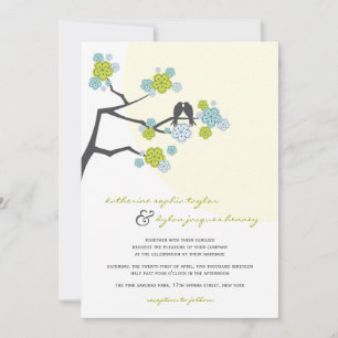 Aqua Cherry Blossom Tortelduifjes Wedding Invite Kaart