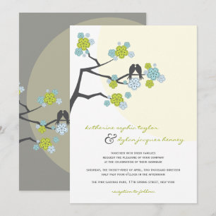 Aqua Cherry Blossom Tortelduifjes Wedding Invite Kaart