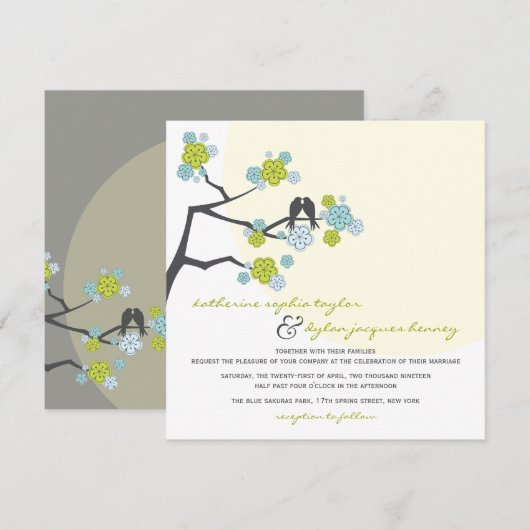Aqua Cherry Blossom Tortelduifjes Wedding Invite Kaart (Voorkant / Achterkant)