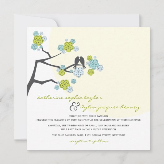 Aqua Cherry Blossom Tortelduifjes Wedding Invite Kaart (Voorkant)
