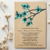 Aqua Cherry Blossom Wedding Invite Kaart
