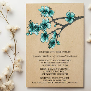 Aqua  Cherry Blossom Wedding Invite Kaart