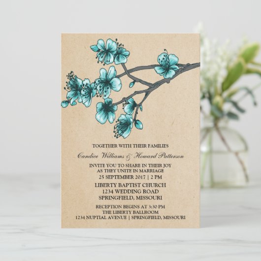 Aqua Cherry Blossom Wedding Invite Kaart (Staand voorkant)