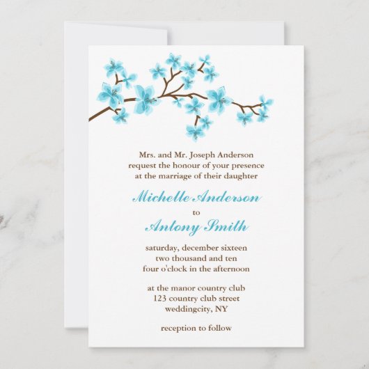 Aqua Cherry Blossom Wedding Kaart (Voorkant)