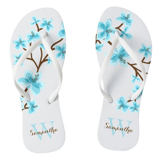 Aqua Cherry Blossoms Monogrammed Teenslippers (Voetbed)