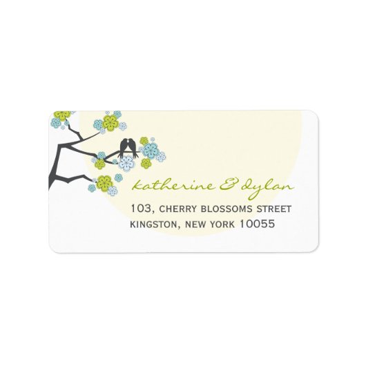 Aqua Cherry Blossoms Tortelduifjes Adresetiketten Etiket (Voorkant)