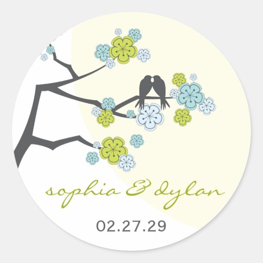Aqua Cherry Blossoms Tortelduifjes Bruiloft Sticke Ronde Sticker (Voorkant)