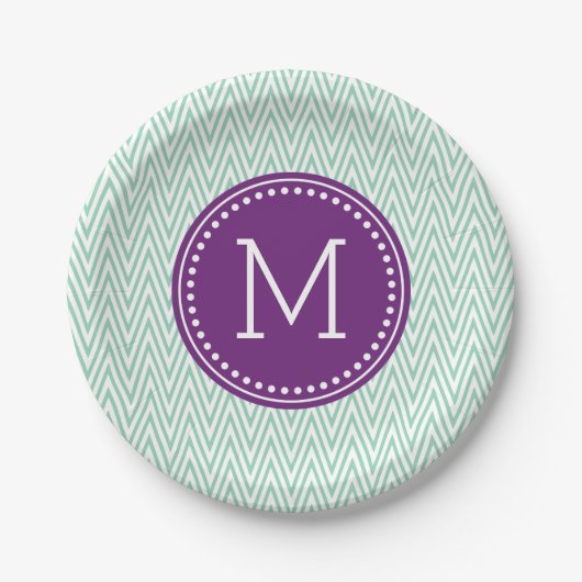 Aqua Chevron Aangepersonaliseerd monogram Papieren Bordje (Voorkant)