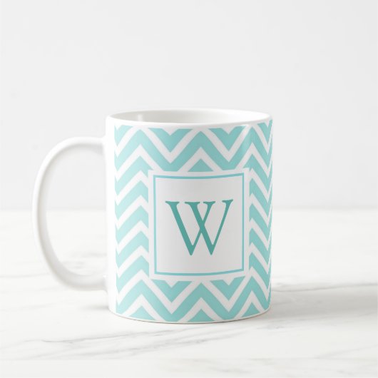 Aqua Chevron Design Initiaal Monogramme Koffiemok (Links)