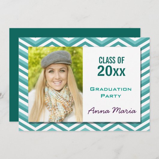 Aqua Chevron Graduation Party Fotouitnodiging Kaart (Voorkant / Achterkant)