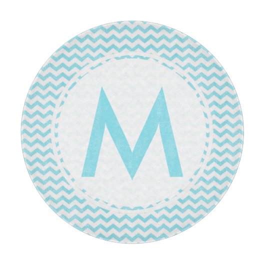 Aqua Chevron Monogram Glass Cutting Board 12" Snijplank (Voorkant)