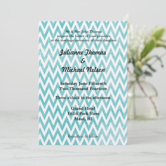  Aqua Chevron Stripes bruiloft Kaart (Staand voorkant)