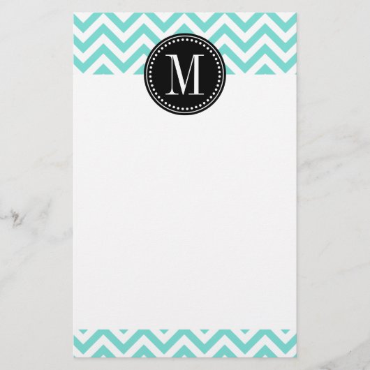 Aqua Chevron Zigzag Gepersonaliseerd Monogram Briefpapier (Voorkant)