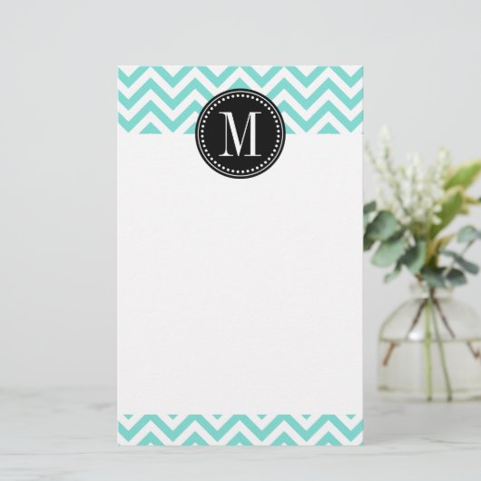 Aqua Chevron Zigzag Gepersonaliseerd Monogram Briefpapier (Staand voorkant)