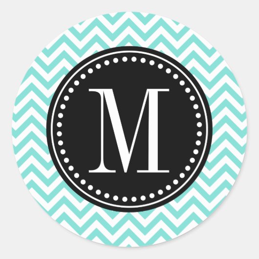 Aqua Chevron zigzag gepersonaliseerd monogram Ronde Sticker (Voorkant)
