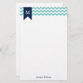 Aqua Chevrons Pattern en Blue Monogram Briefpapier (Voorkant / Achterkant)