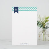Aqua Chevrons Pattern en Blue Monogram Briefpapier (Staand voorkant)