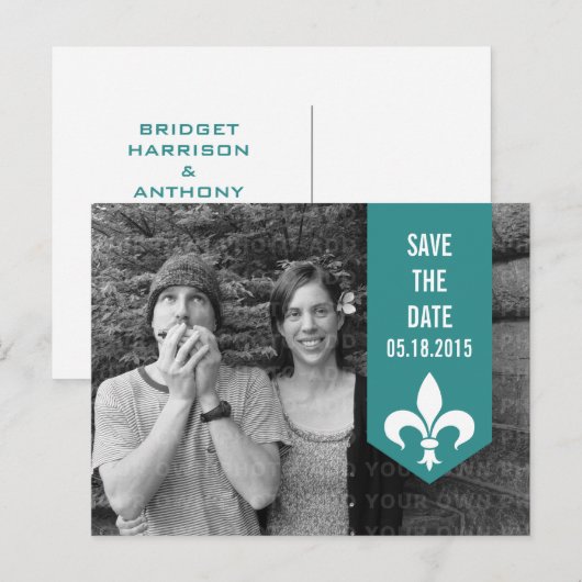 Aqua Chic Flourish Banner Save the Date Briefkaart (Voorkant / Achterkant)