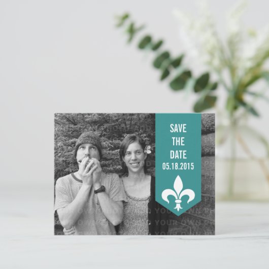 Aqua Chic Flourish Banner Save the Date Briefkaart (Staand voorkant)