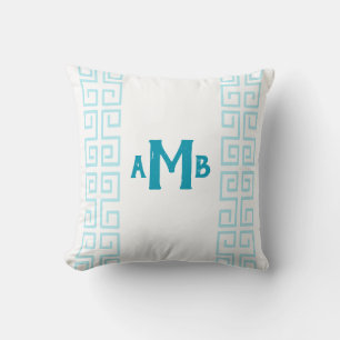 Aqua Chinoiserie Wide Greek Key Stripe Monogram Kussen