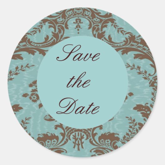 Aqua Chocolade Damast Save the Date Ronde Sticker (Voorkant)