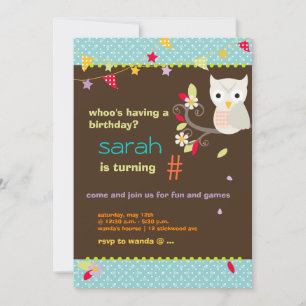 Aqua/Chocolade Owl Persoonlijke verjaardag Partij Kaart