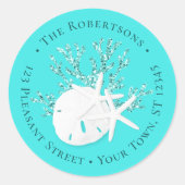Aqua Christmas Beach Sand Dollar Retouradres Ronde Sticker (Voorkant)
